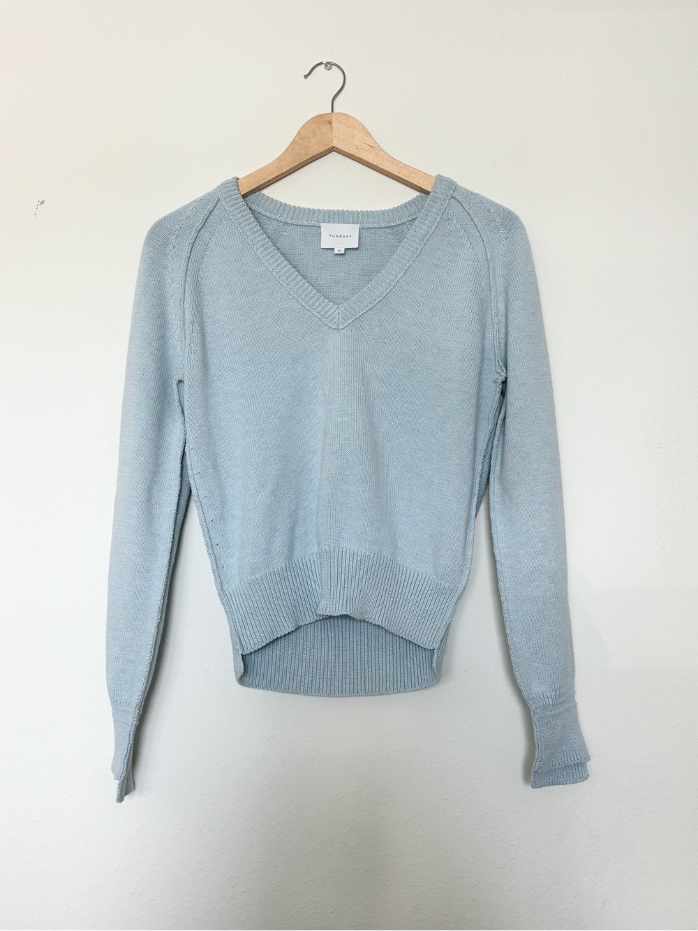 Sundays Baby Blue V Neck Sweater XS Soft Knit Raglan High Low Hem